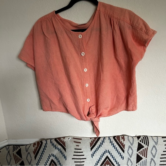 Vintage Peach cropped linen beach summer button up shirt top tie front M SMC - Picture 4 of 6